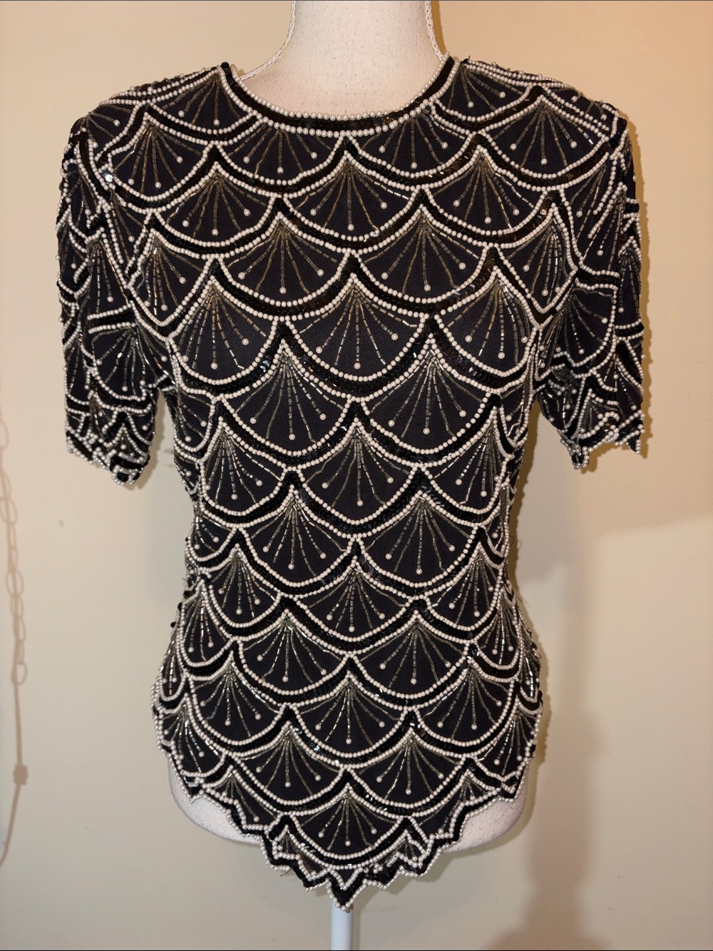 Laurence Kazar beaded pearls sequin vintage short sleeve blouse top